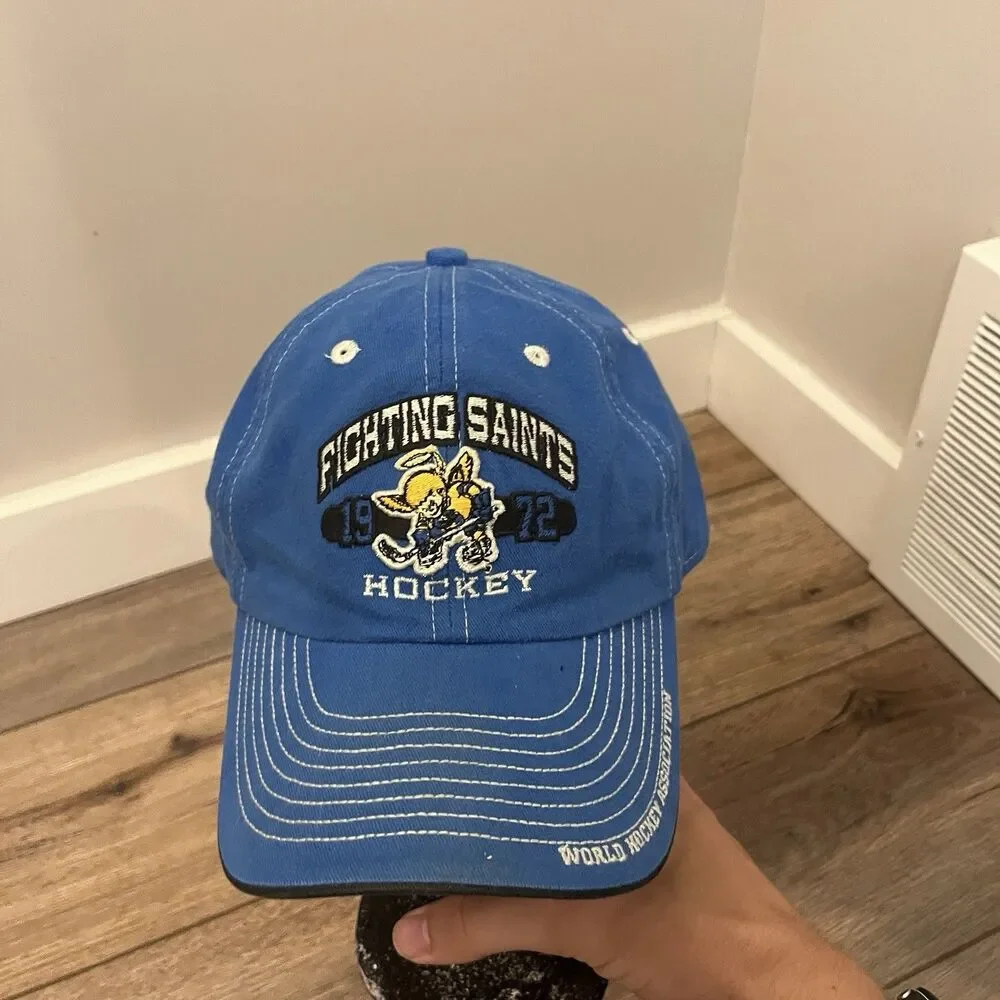 Vintage St Paul Minnesota Fighting Saints Hockey WHA Blue Strapback Hat Cap